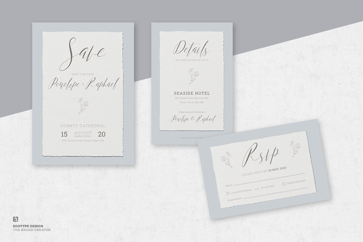 低调简约撕纸风格婚礼婚宴邀请设计素材 Wedding Invitation Suite插图(2)