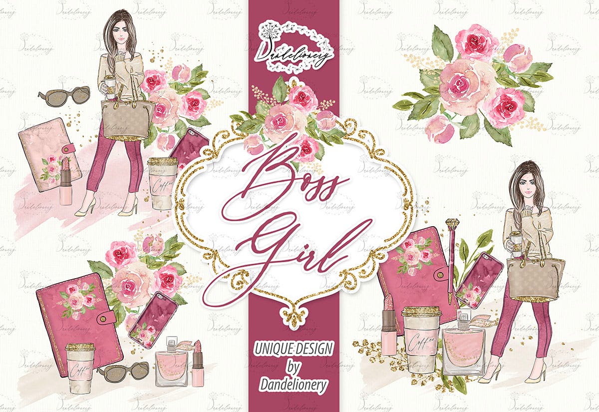 成功女性人物塑造水彩手绘剪贴画PNG素材 Boss Girl design插图(1)