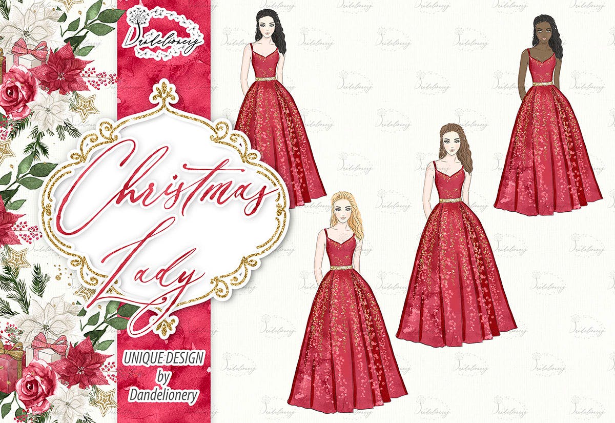 圣诞节元素优雅女郎剪贴画高清PNG素材 Christmas Lady design插图(3)