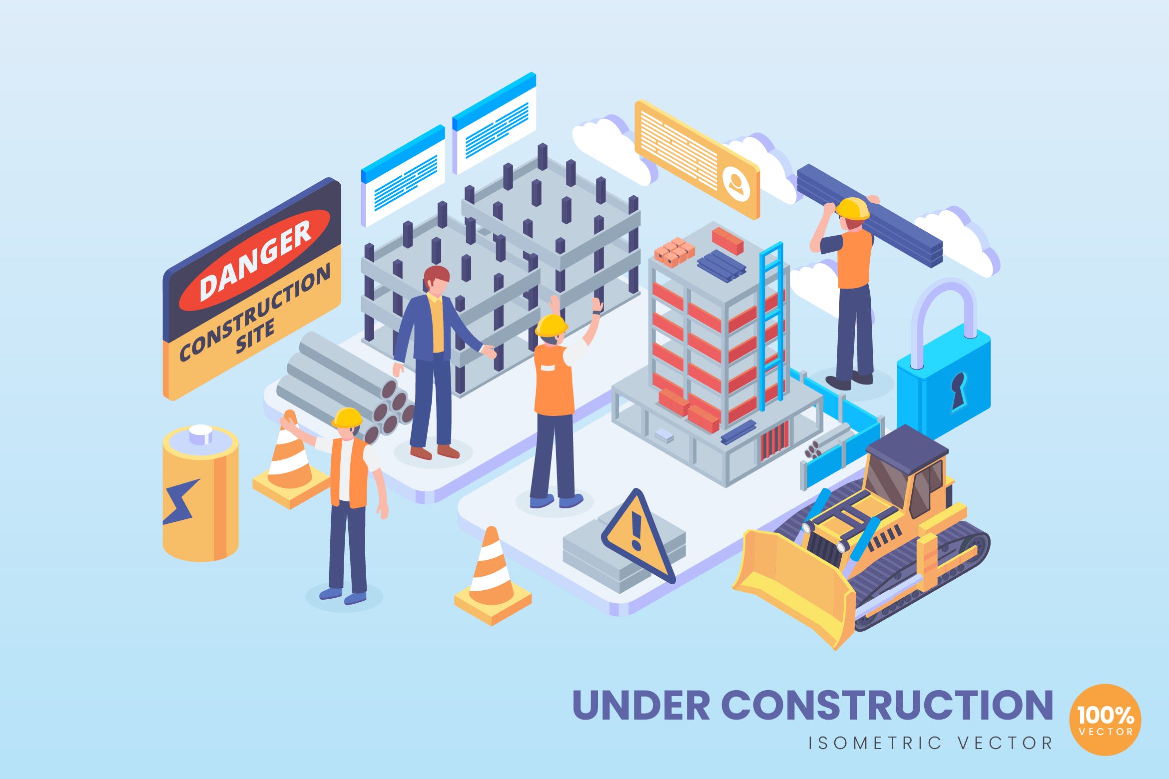 施工场地场景等距概念矢量插画素材v2 Isometric Under Construction Site Vector Concept插图