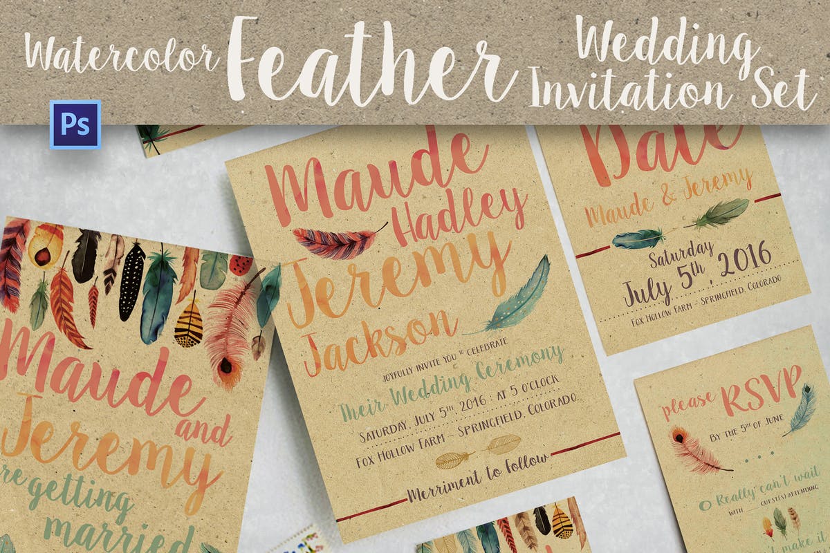 水彩羽毛婚礼邀请函设计PSD模板 Watercolor Feather Wedding Invitation插图