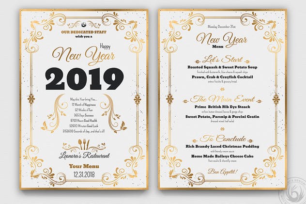 高级餐厅豪华金边框新年聚餐菜单PSD模板V1 New Year Menu Template V1插图(3)