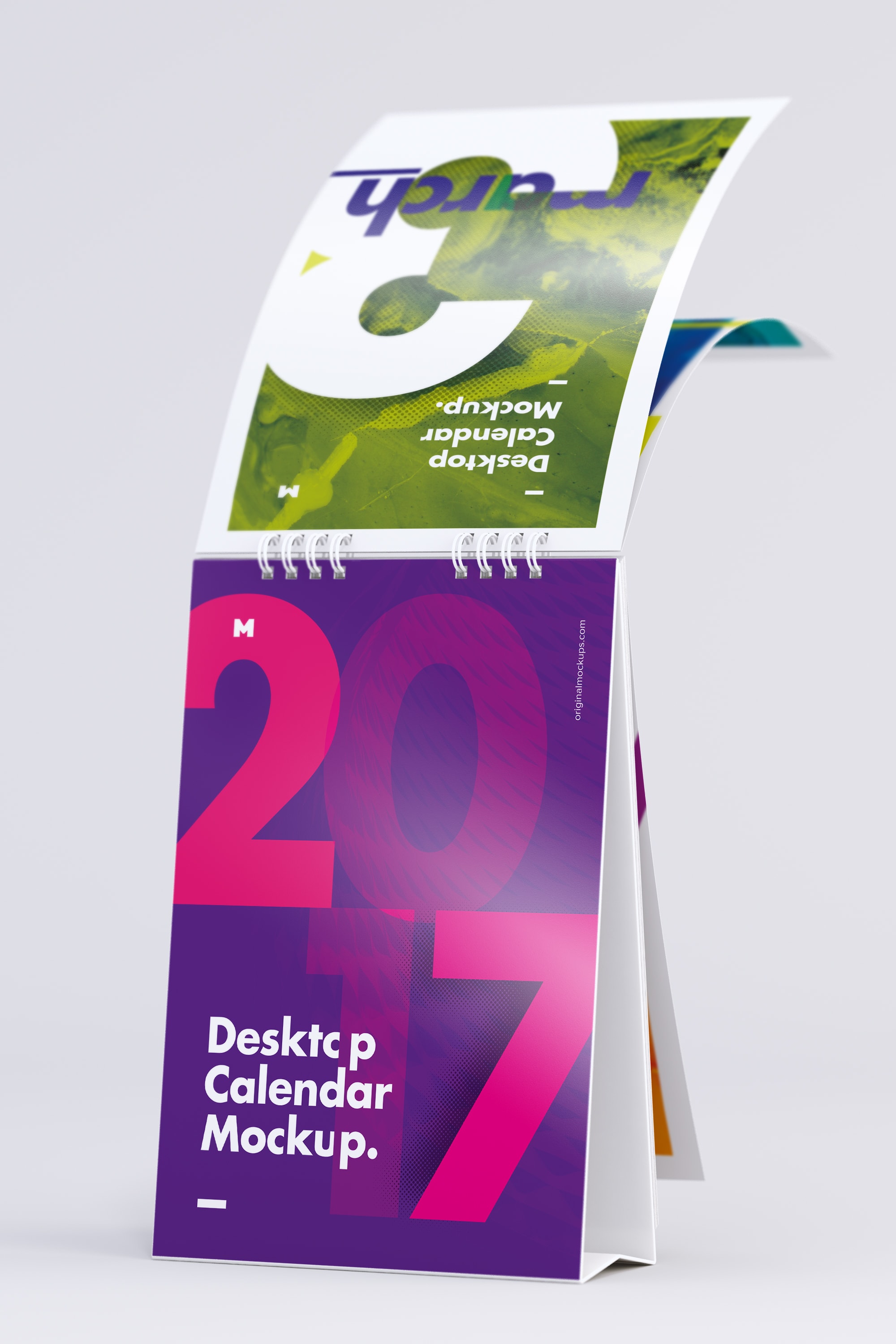 纵向桌面日历设计翻页效果样机模板2 Desktop Portrait Calendar Mockup Turning Pages 2插图