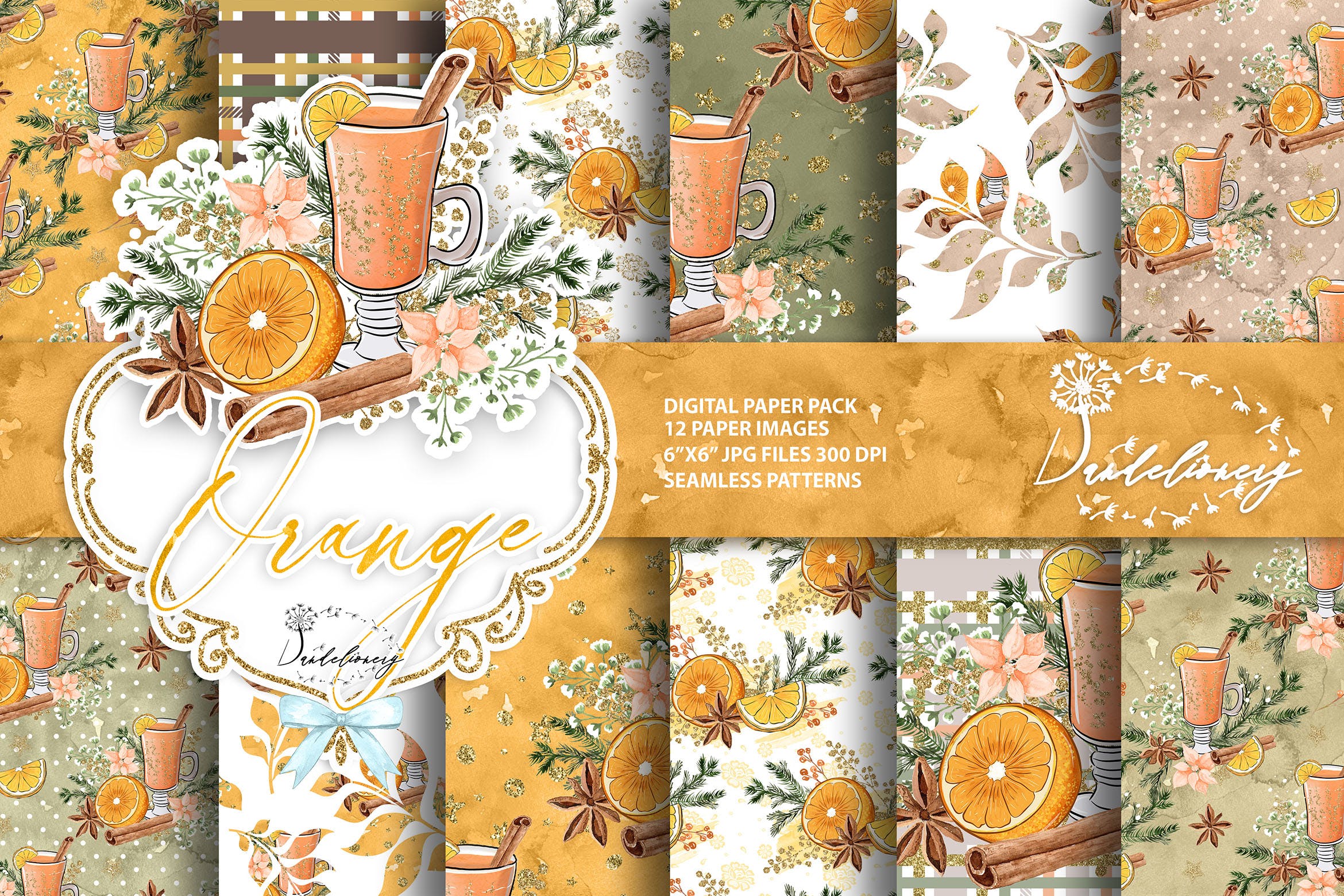 橙色圣诞节主题数码纸张背景素材 Christmas Orange digital paper pack插图