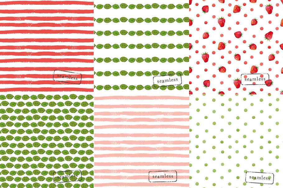 红色系水彩纸张图案纹理（手绘条纹，草莓，树叶和圆点等） Watercolor background插图(1)