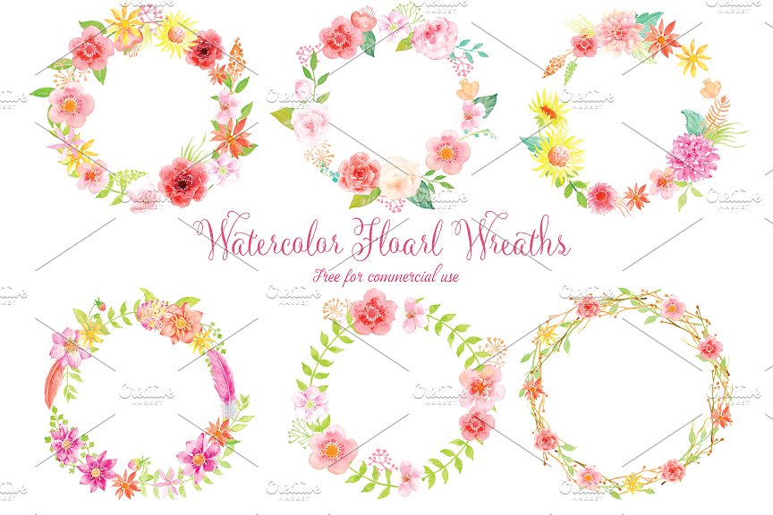 粉色水彩花环花卉剪贴画 Watercolor pink floral wreath插图(1)