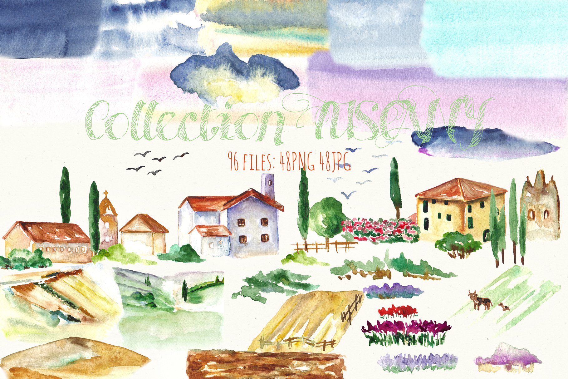 托斯卡纳景观水彩剪贴画 Landscape Tuscany Watercolor clipart插图(2)