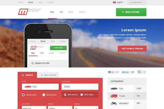 汽车在线交易市场网站设计PSD模板 Motor – Vehicle Marketplace PSD Template插图(2)