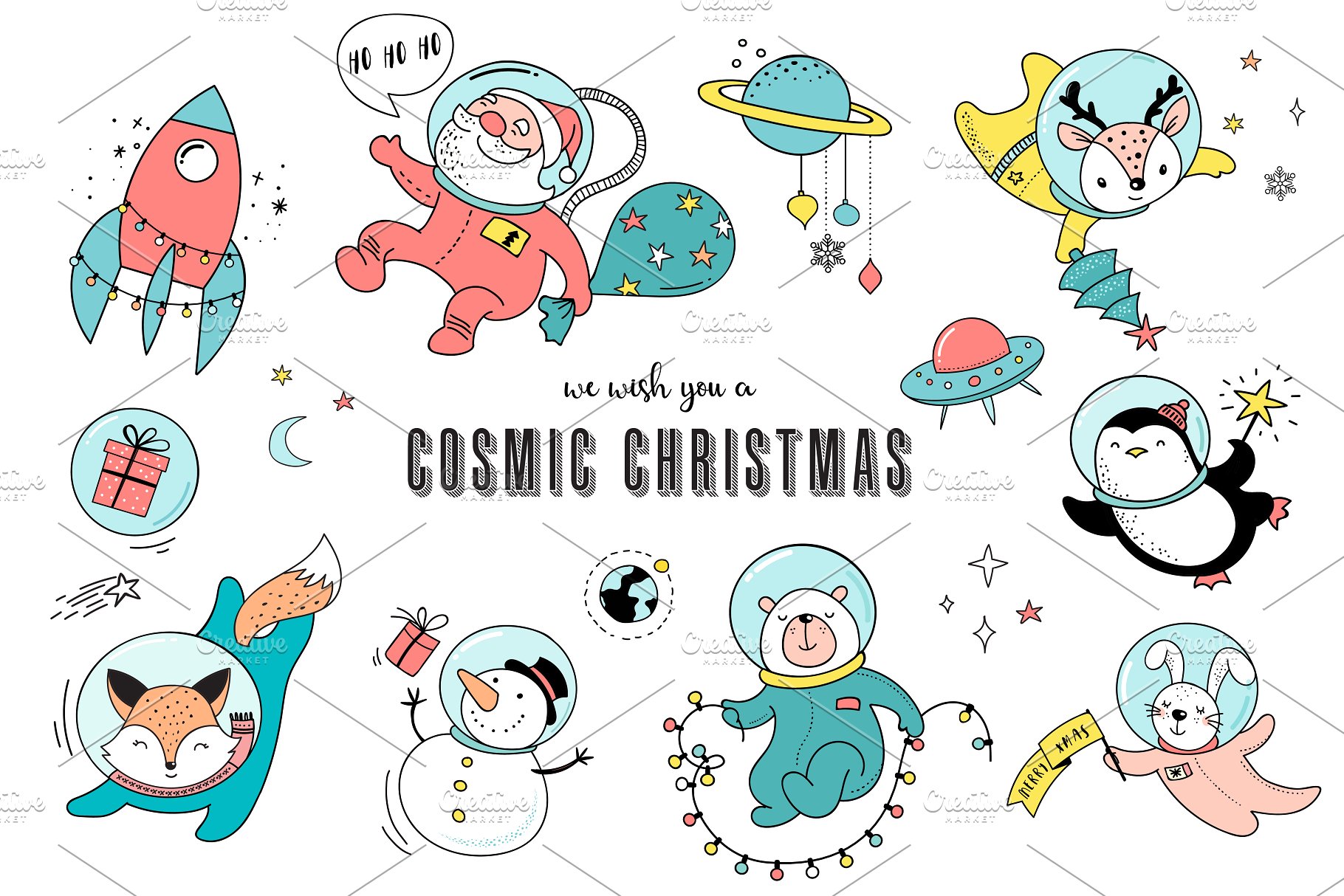 外太空宇宙圣诞节手绘插画素材 Cosmic Christmas in outer space插图(1)