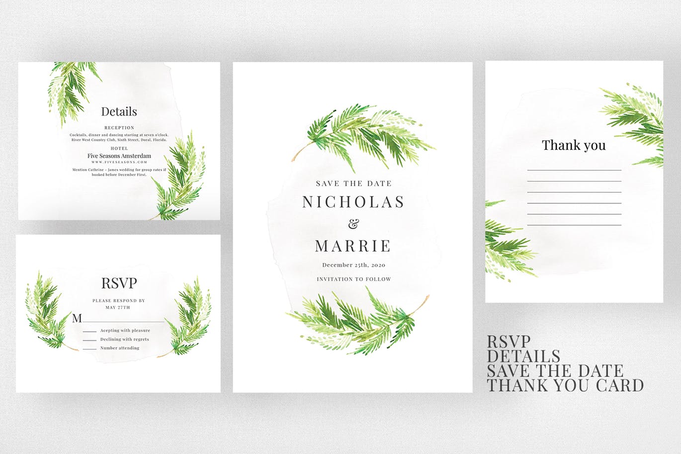 水彩叶子手绘图案婚礼邀请设计套件 Watercolor Leaf Wedding Suite插图(3)