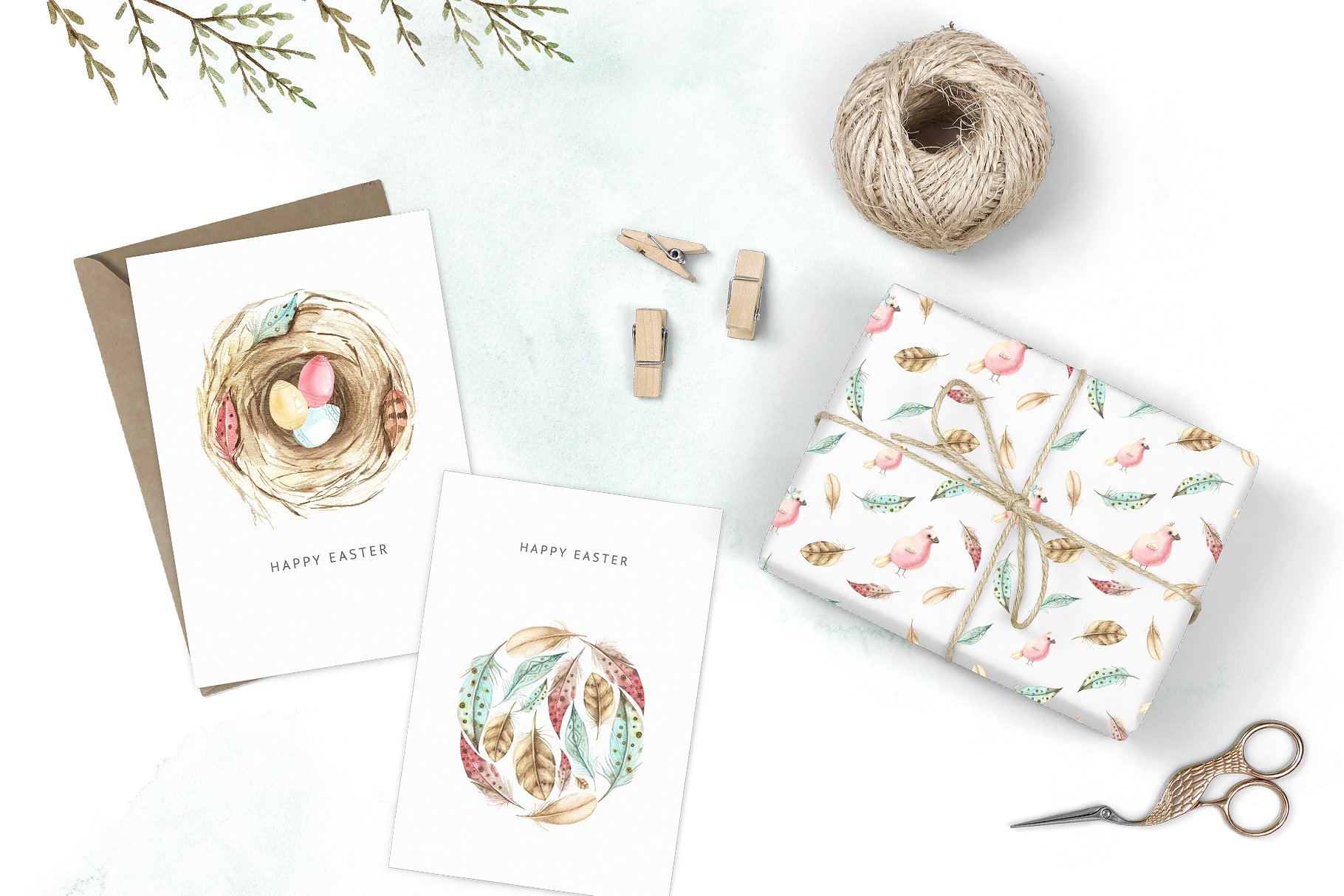 小鸟、树叶&花卉水彩粉画剪贴画 Watercolor Pastel Mood插图(6)