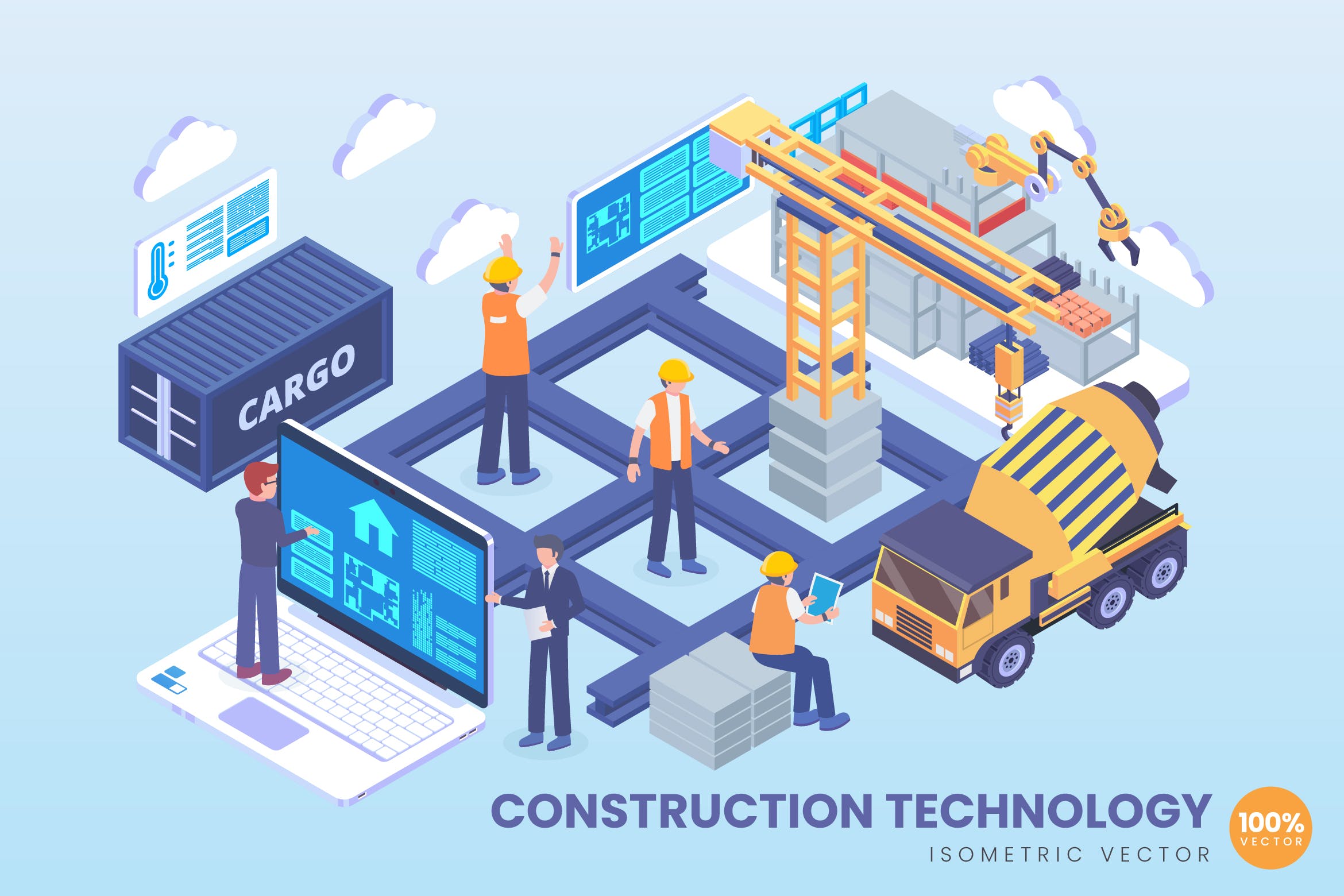 施工技术主题等距概念矢量插画 Isometric Construction Technology Vector Concept插图