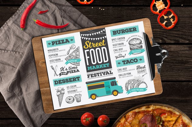快餐餐车美食菜单设计PSD模板 Food Truck Menu插图(1)