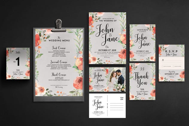现代复古风格婚礼婚宴邀请函设计套装 Modern-Vintage Wedding Suite invitation插图(5)