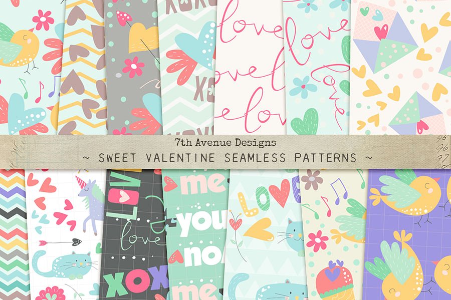 甜美的情人节无缝背景纹理 Sweet Valentine Seamless Patterns插图