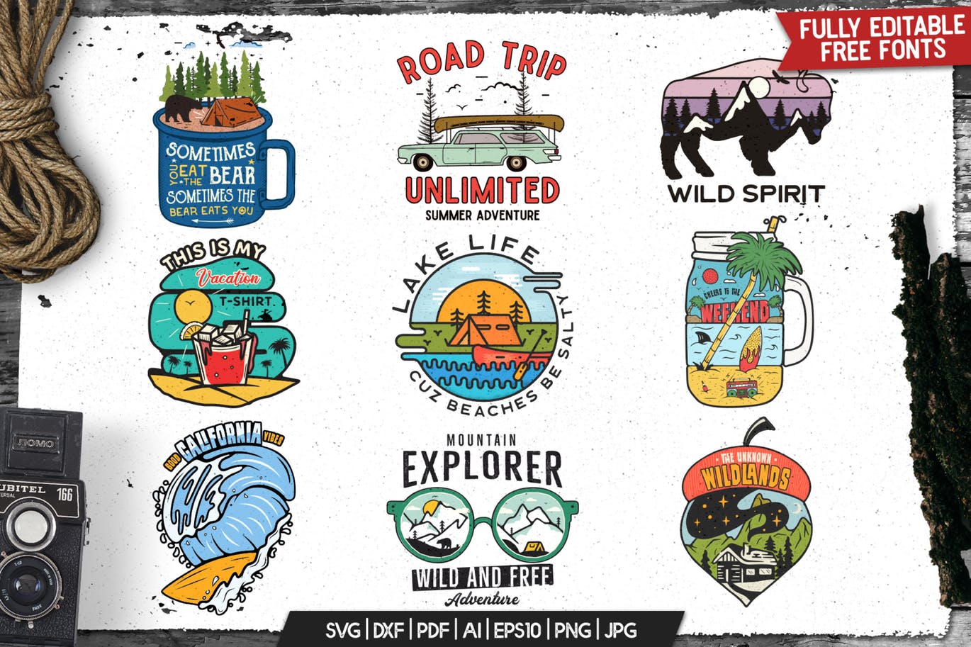 复古户外运动品牌Logo/野营探险徽章设计模板 Retro Outdoor Logos Set, Camping Adventure Badges插图