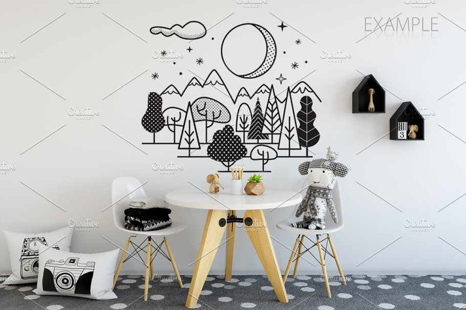 儿童主题室内墙纸设计展示和相框画框样机 Kids Interior Wall & Frames Mockup 1插图(28)