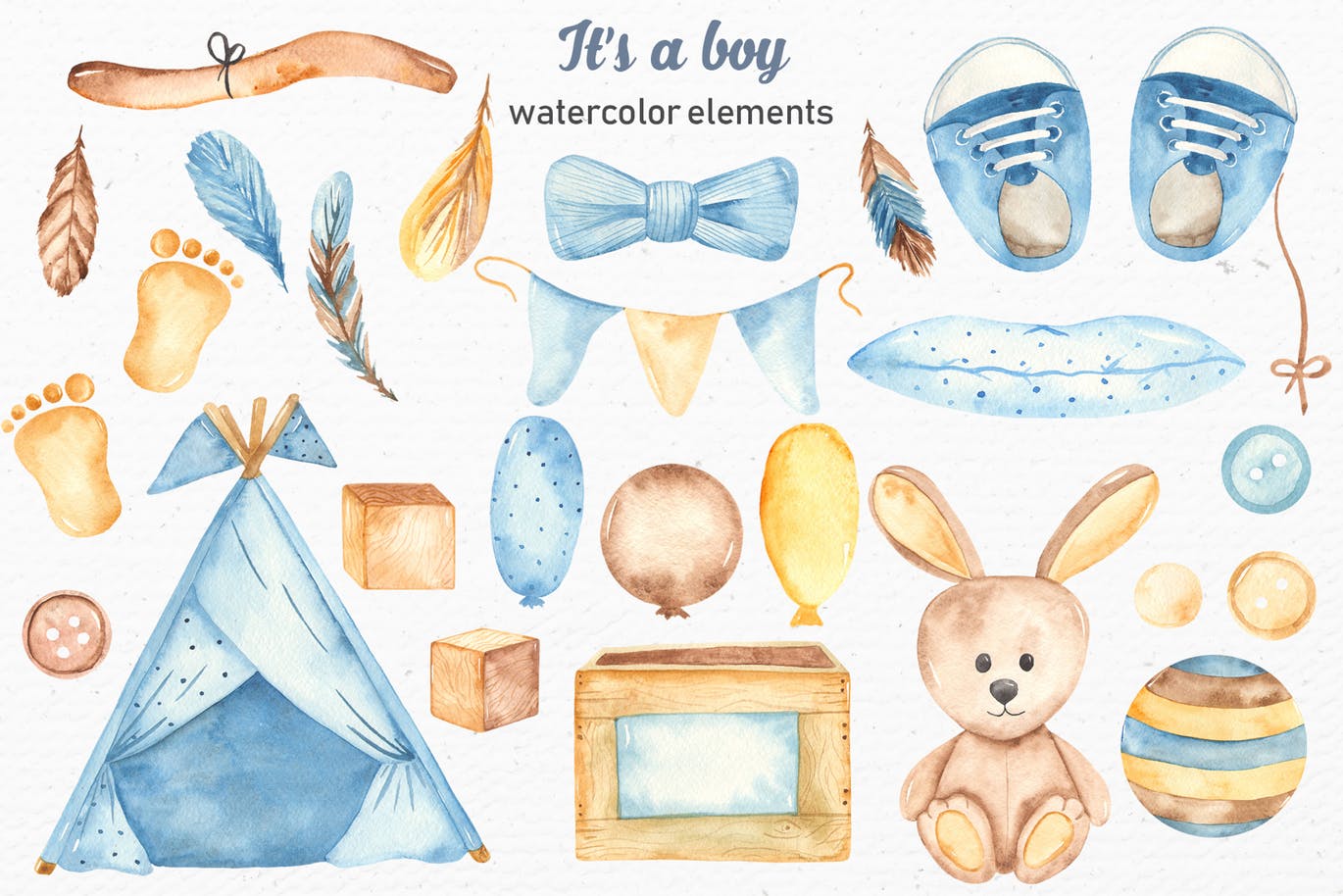 男新生儿婴儿水彩手绘矢量剪贴画/卡片/无缝图案背景素材 It’s a boy watercolor clipart, cards, patterns插图(2)