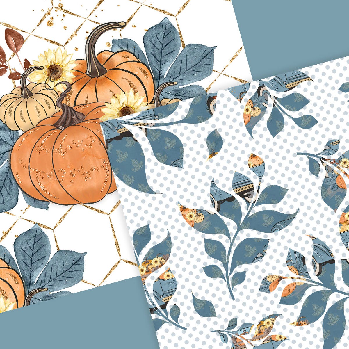 蓝色水彩手绘南瓜车数码纸张图案设计素材 Pumpkin Truck Blue digital paper pack插图(4)