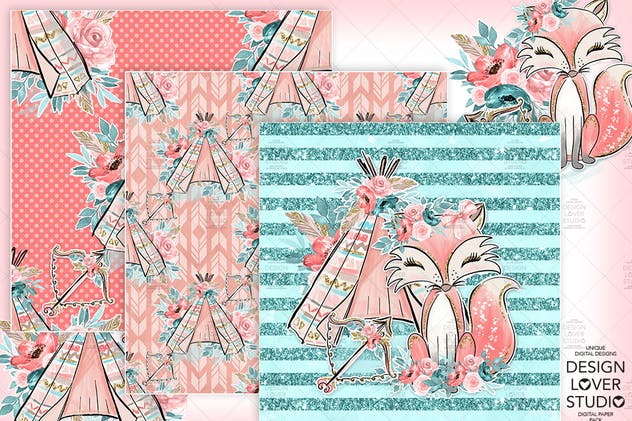 波西米亚风格狐狸无缝图案设计素材 Boho Fox digital paper pack插图(2)