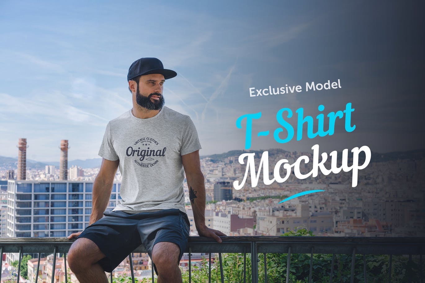 男模特街拍T恤印花设计预览样机 T-Shirt Mockup with Model插图