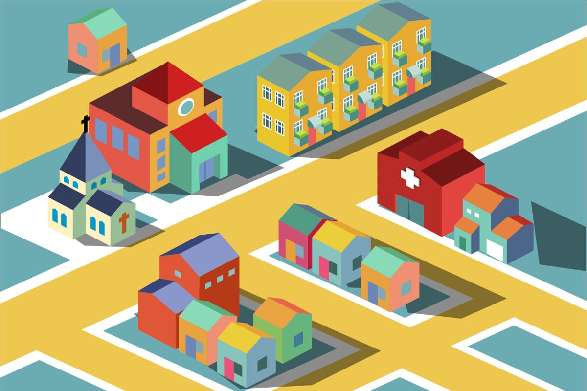 多彩等距社区邻居场景矢量插画v1 colorful Small neighborhood.插图