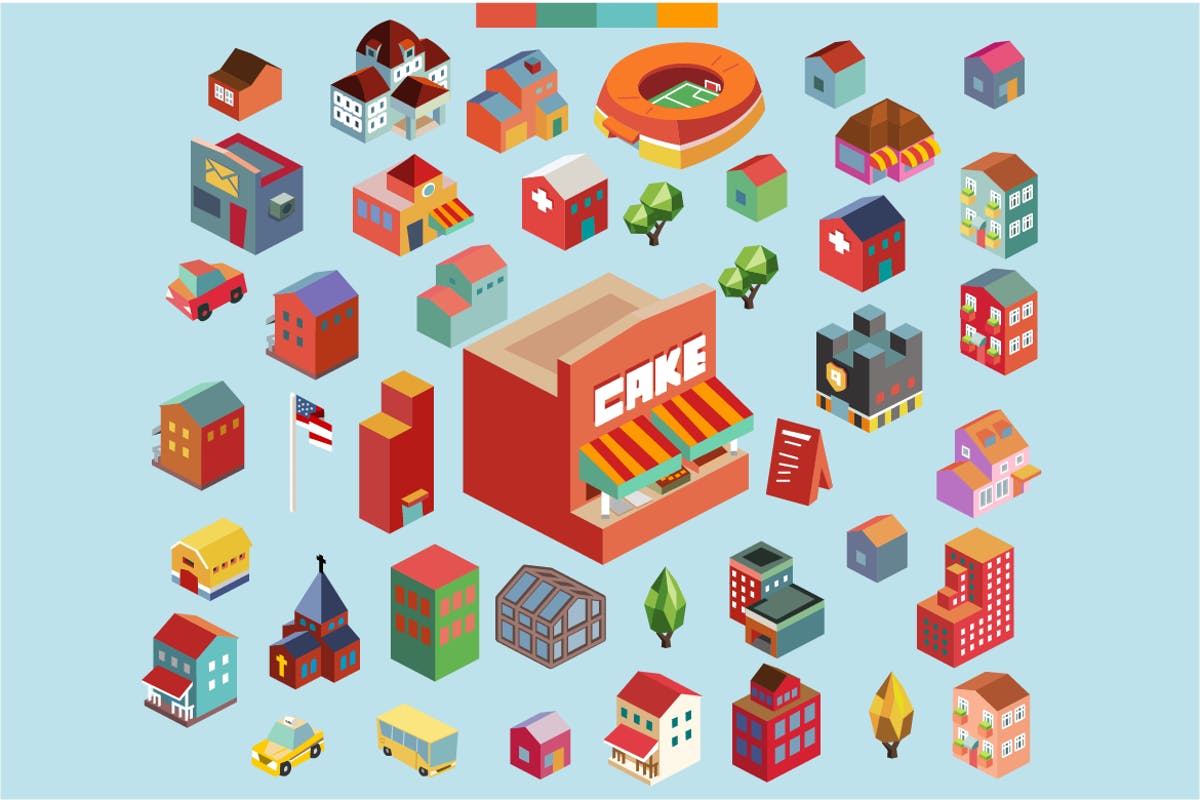 多彩等距离建筑建筑物场景矢量插画v6 Colorful vector isometric buildings插图