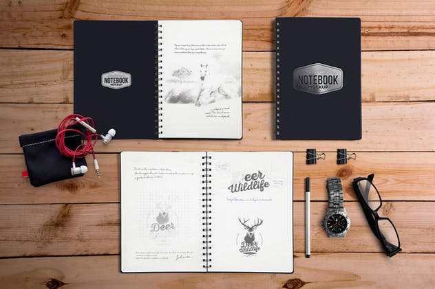 高端品牌精装活页记事本样机 5 Notebook Mockups With Movable Elements插图(9)