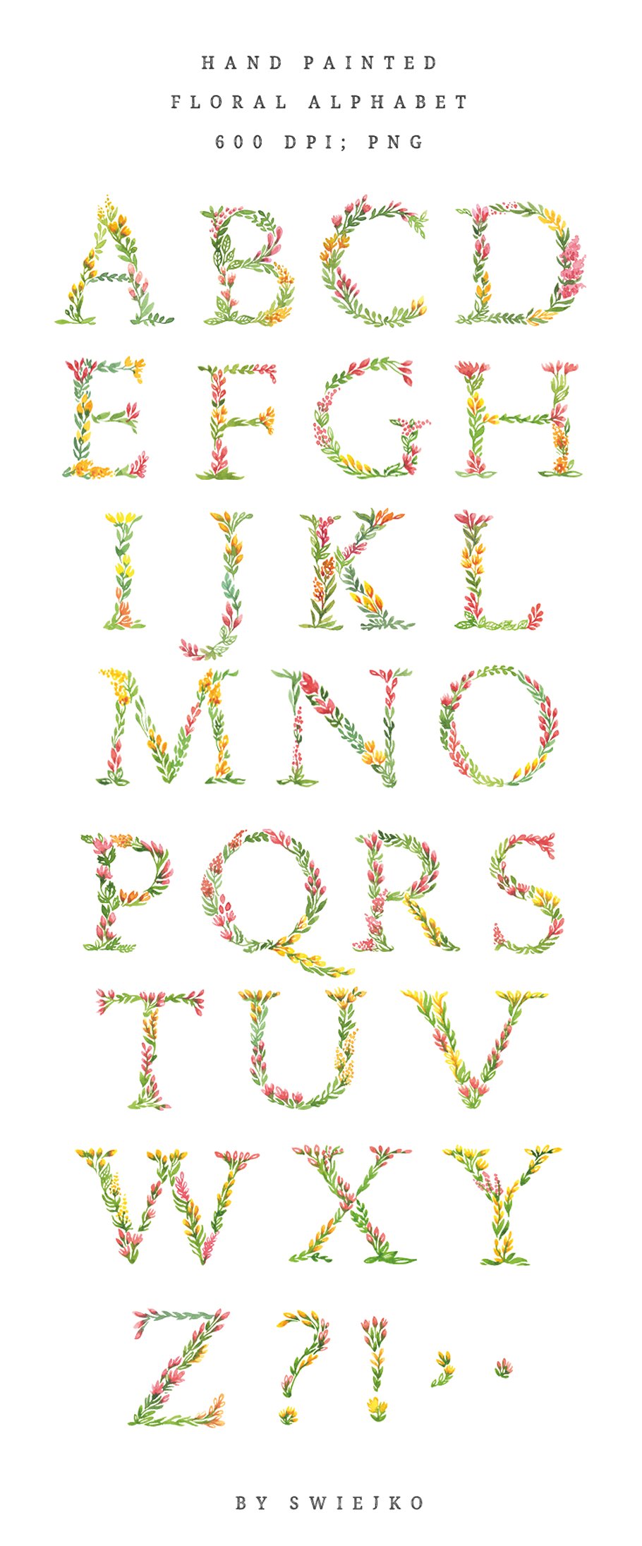 春天手绘水彩花卉字母表 Spring Flowers Alphabet插图(3)