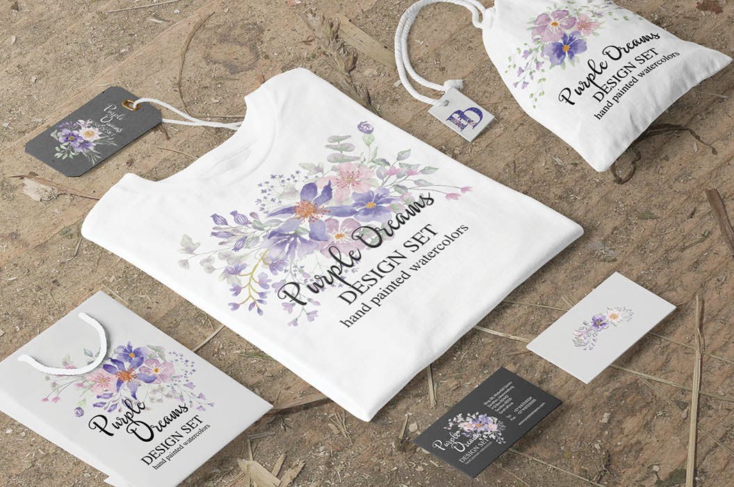 紫色梦幻水彩花卉图案设计素材包 Purple Dreams Watercolor Design Set插图(5)