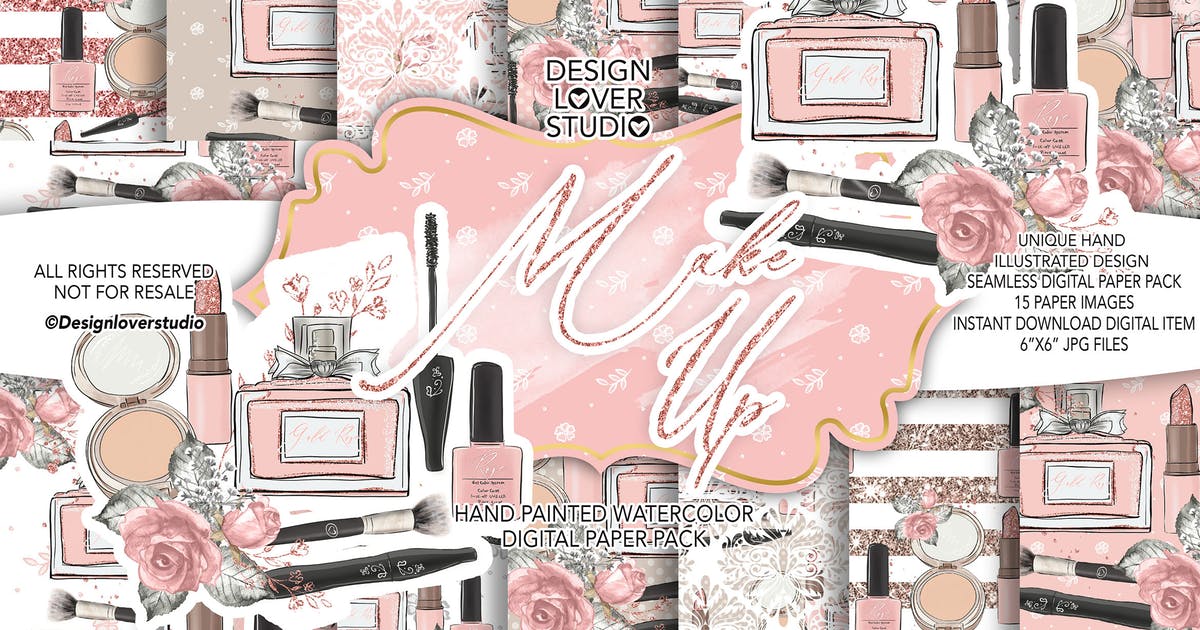 化妆品美妆水彩背景图案设计素材 Make up digital paper pack插图