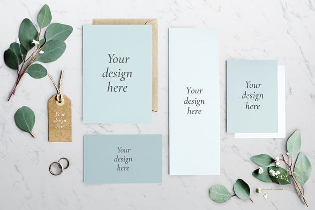 绿叶装饰婚礼邀请函样机套装 Wedding Invitation Mockup插图(1)