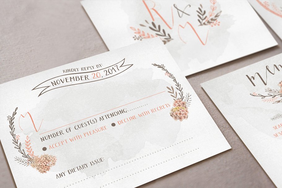 水彩花环花卉婚礼邀请物料模板 Wreath & Flower Wedding Suite插图(4)
