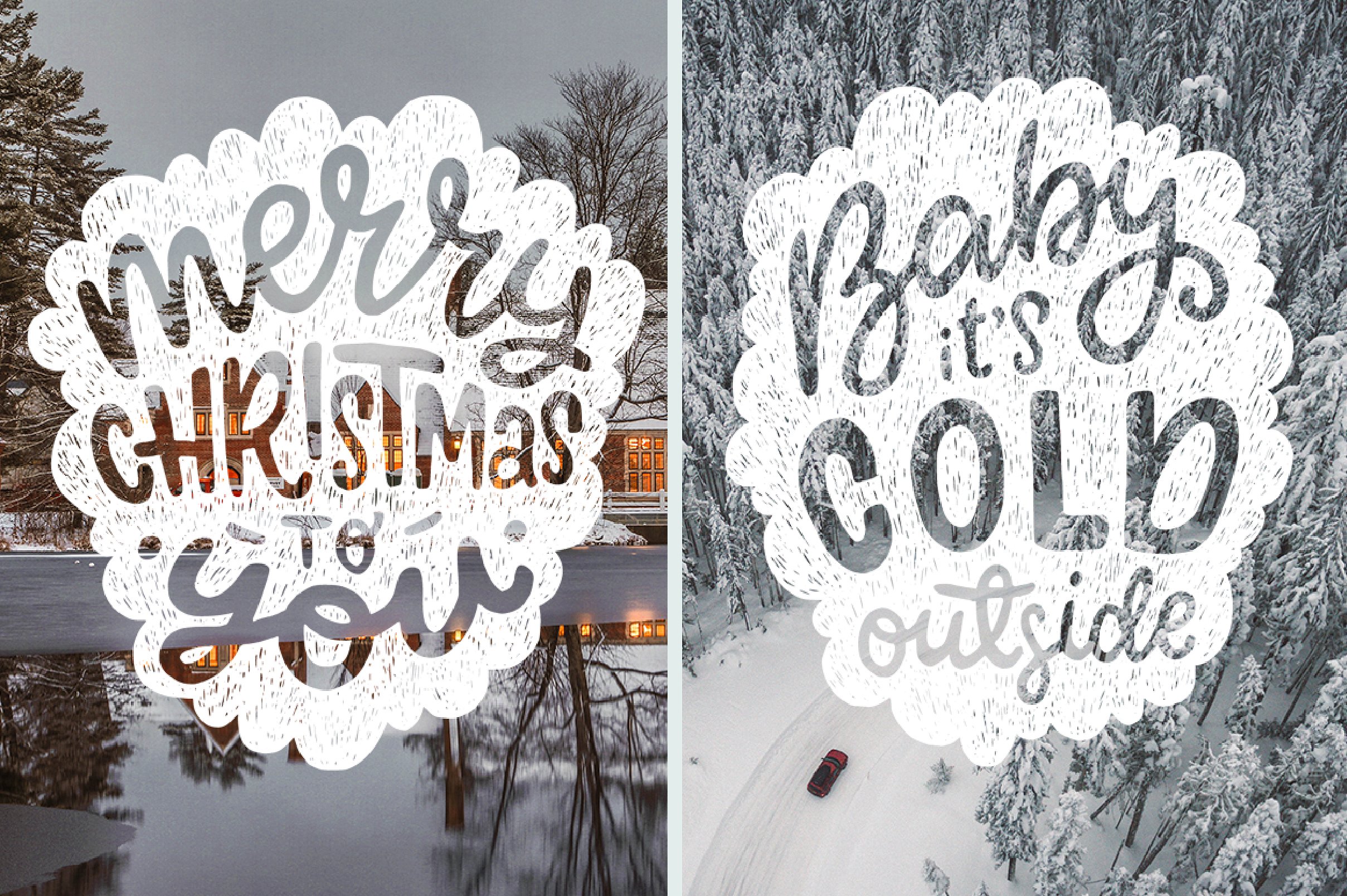 50个不同的手绘矢量剪贴画元素圣诞森林集合插图