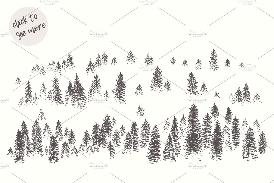 雾蒙蒙松岭素描图形 Misty fog in a pine forest插图(1)