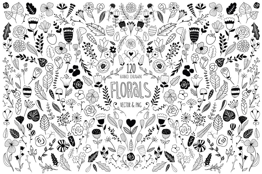 120款黑白配色花卉矢量素材 120 Black & White Florals Vector Set插图(1)