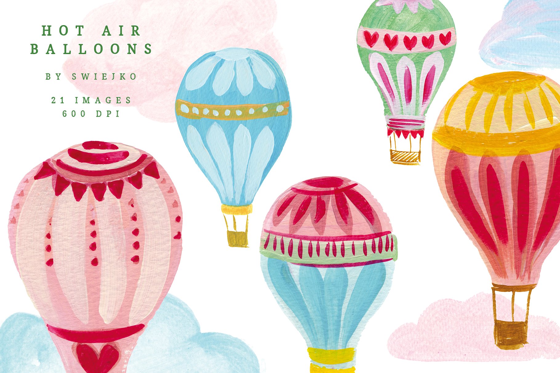亚克力手绘小清新热气球插图 Hot Air Balloons clipart set插图