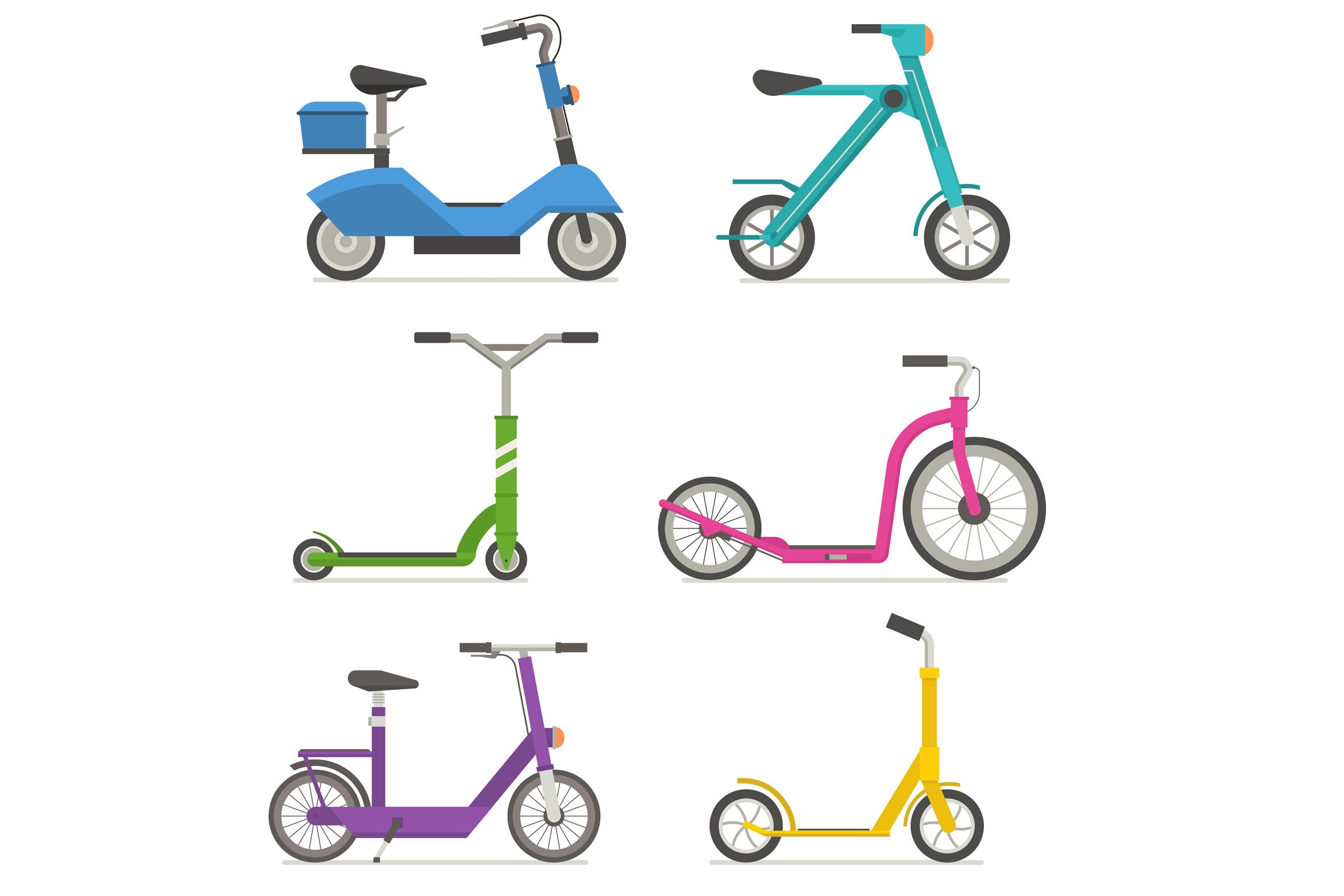 城市脚踏车和电动自行车矢量插画素材库精选 City Kick Scooters and E Bikes Set插图