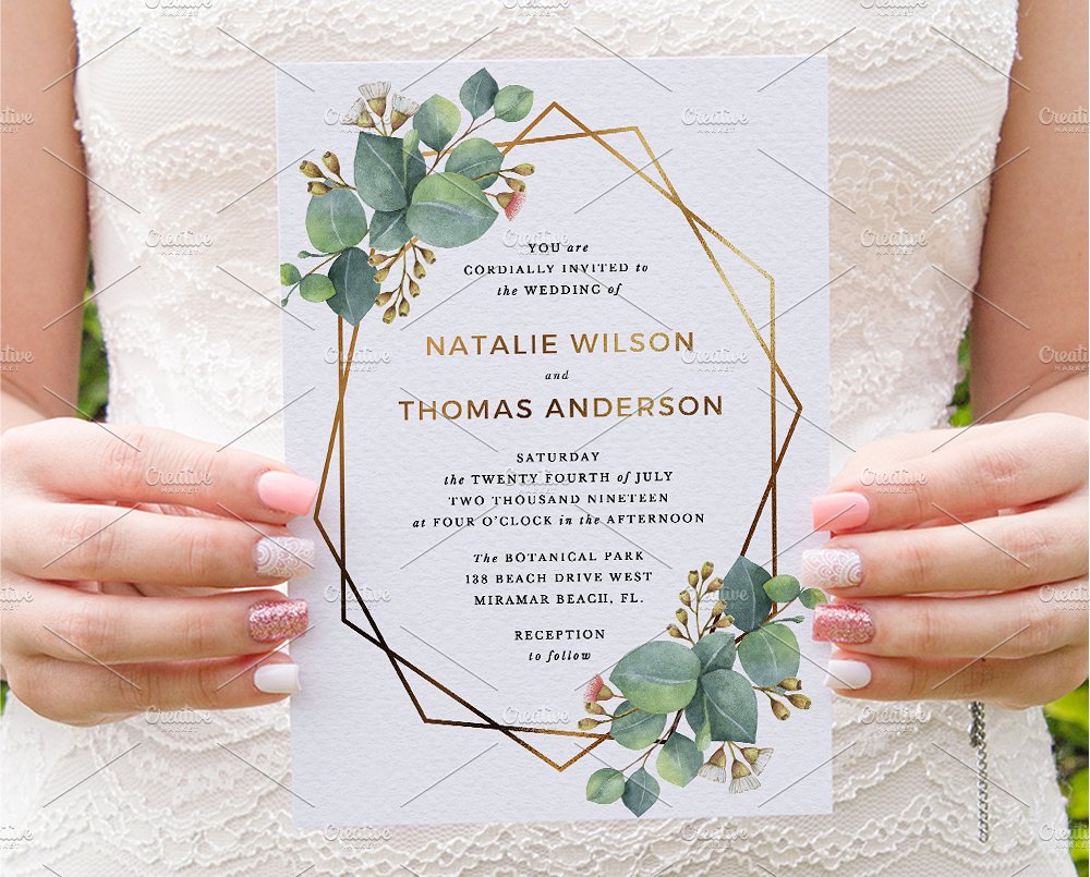 黄金比例设计婚礼邀请物料设计模板 Eucalyptus Gold Geometric Frame插图(2)