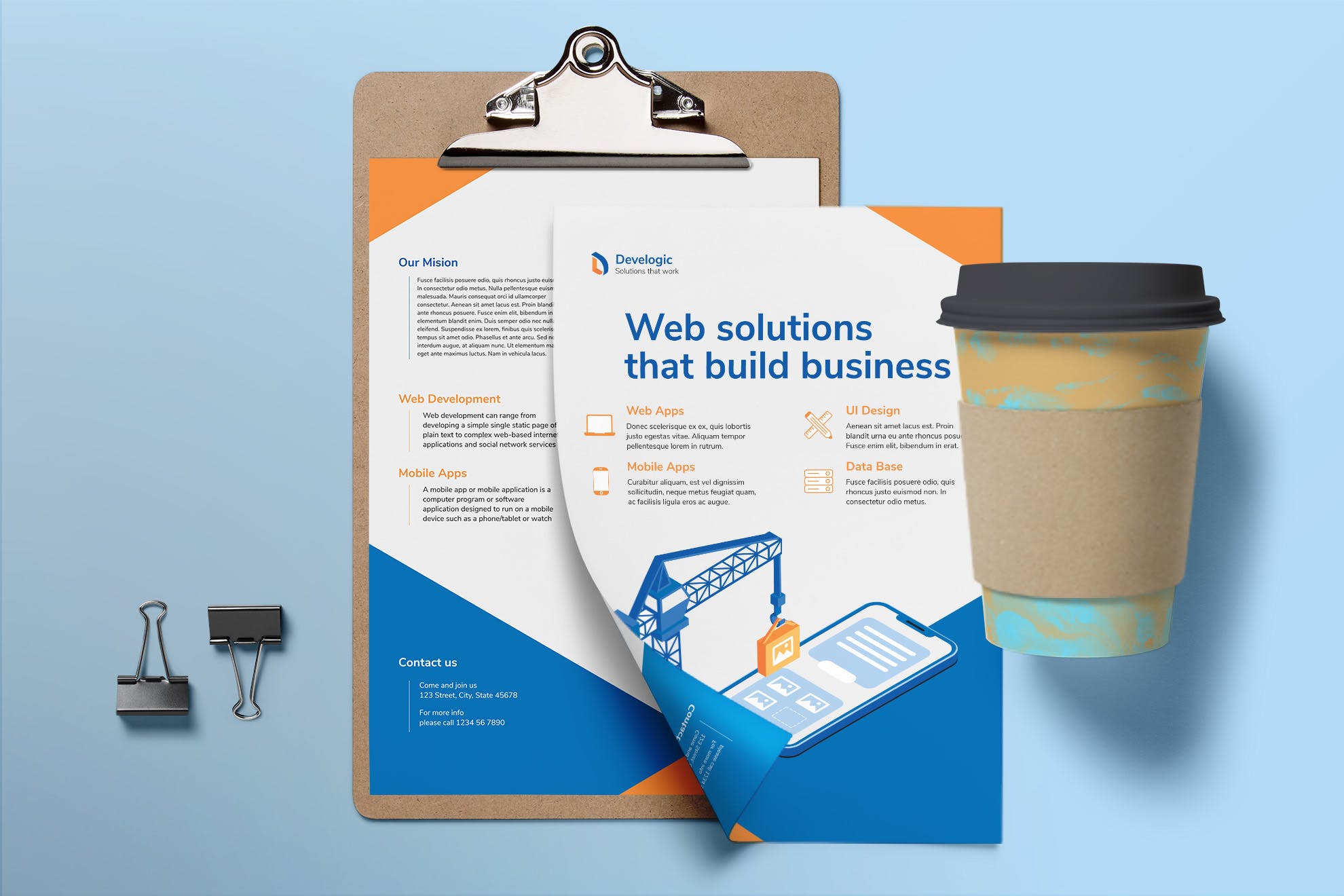 Web&APP产品开发设计宣传推广传单设计模板 Web And Mobile App Development Flyer插图(1)