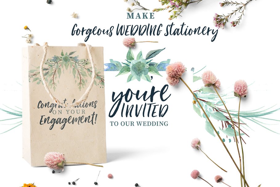 手写英文字体&手绘水彩花卉剪贴画 Loving Saskia Font & Graphics Bundle插图(19)