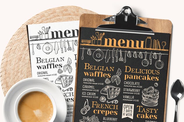 煎饼＆华夫饼餐厅菜单设计模板 Pancakes and Waffles Restaurant Menu插图(4)