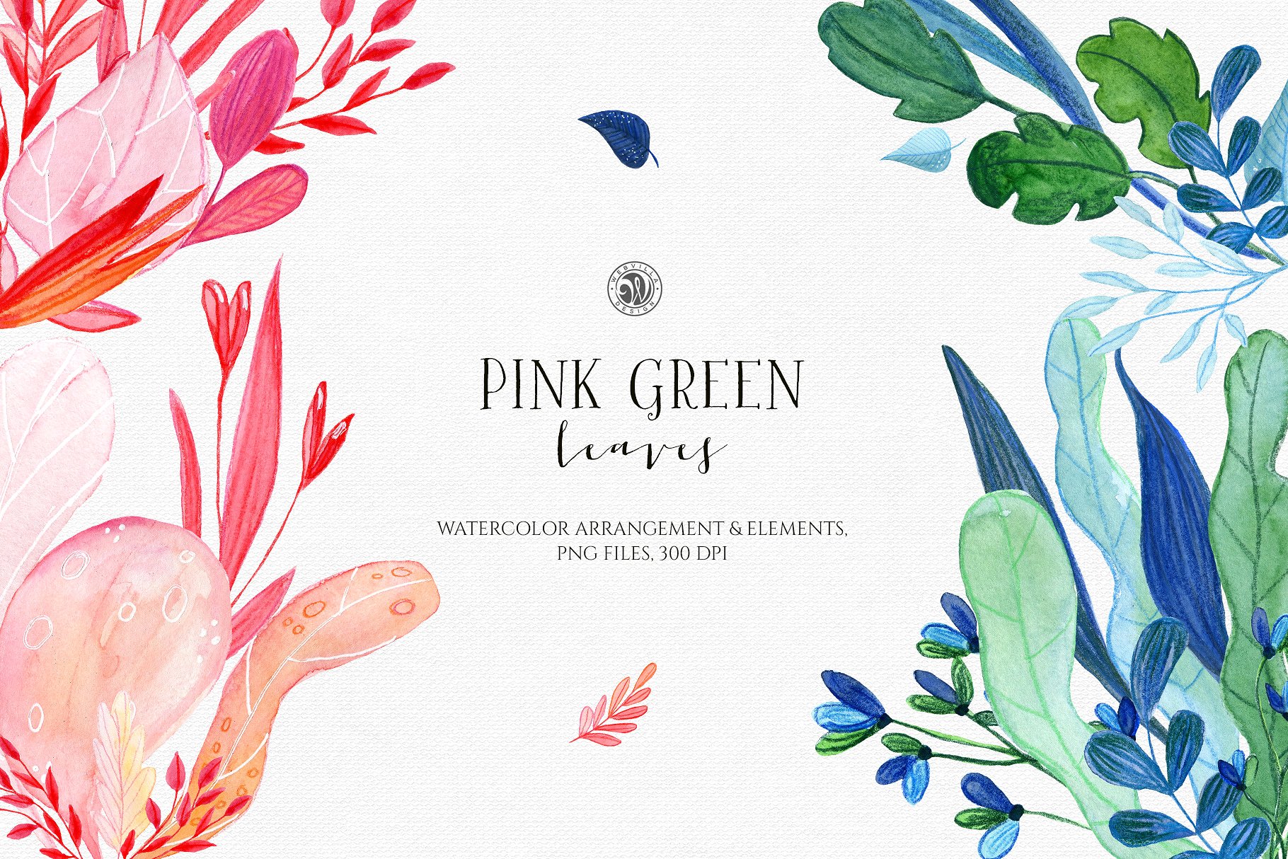 水彩手绘粉绿色叶子插画合集 Pink Green Leaves插图