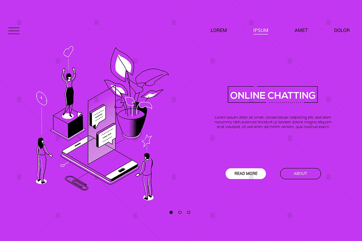 在线聊天线条艺术风格等距概念Banner设计模板 Online chatting – linear isometric web banner插图