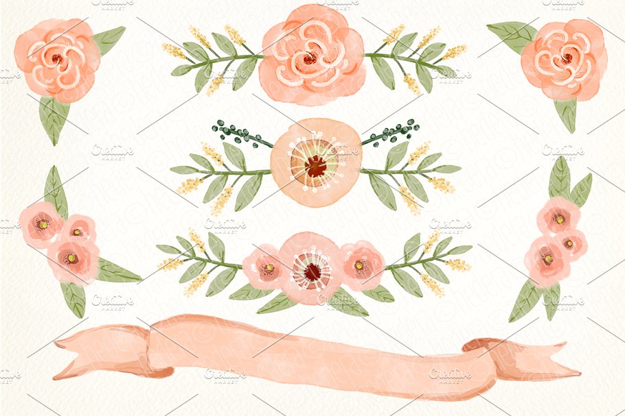 水彩珊瑚橄榄花环素材 Watercolor coral olive floral wreath插图(2)