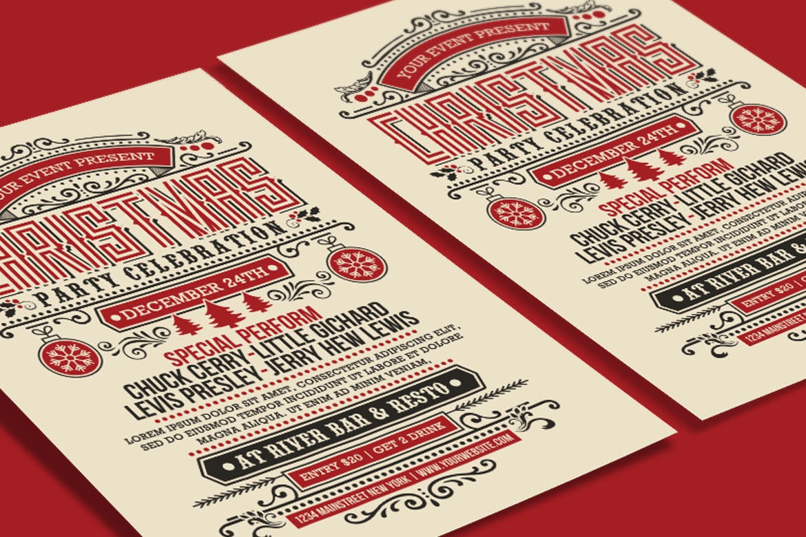 复古装饰艺术风格圣诞节派对海报传单模板 Chirstmas Party Vintage Art Deco Stlye插图(2)