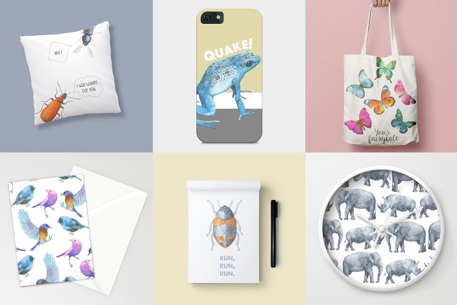 冒险之旅水彩素材合集（飞禽走兽、昆虫元素、纹理&额外的字体） Safari Watercolor Collection Pro插图(5)