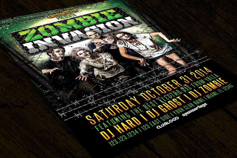 恐怖僵尸入侵万圣节活动传单模板 Zombie Invasion Halloween Flyer插图(1)