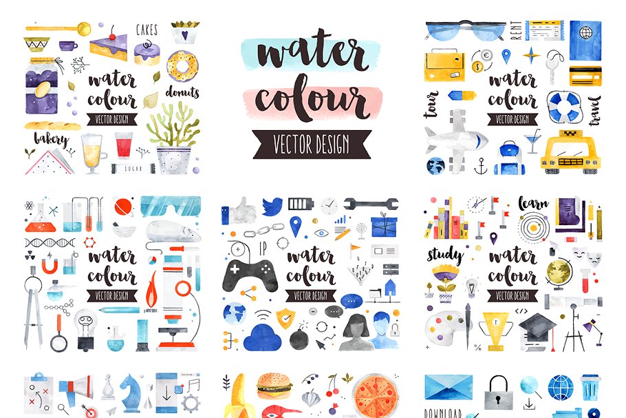 扁平风水彩矢量图形合集 Watercolor Flat Lay Vector Pack插图(3)