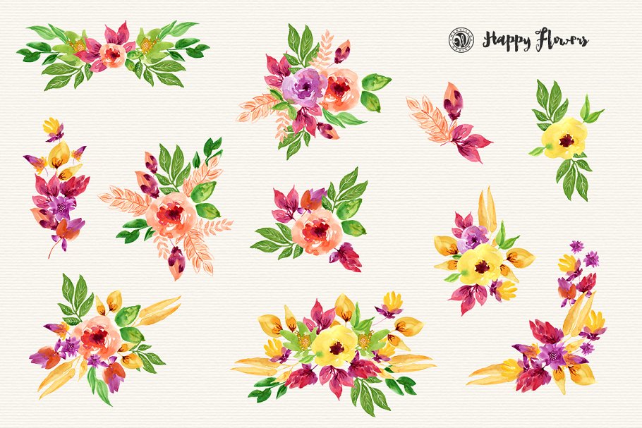 手绘七彩阳光花卉剪贴画 Happy Flowers插图(2)